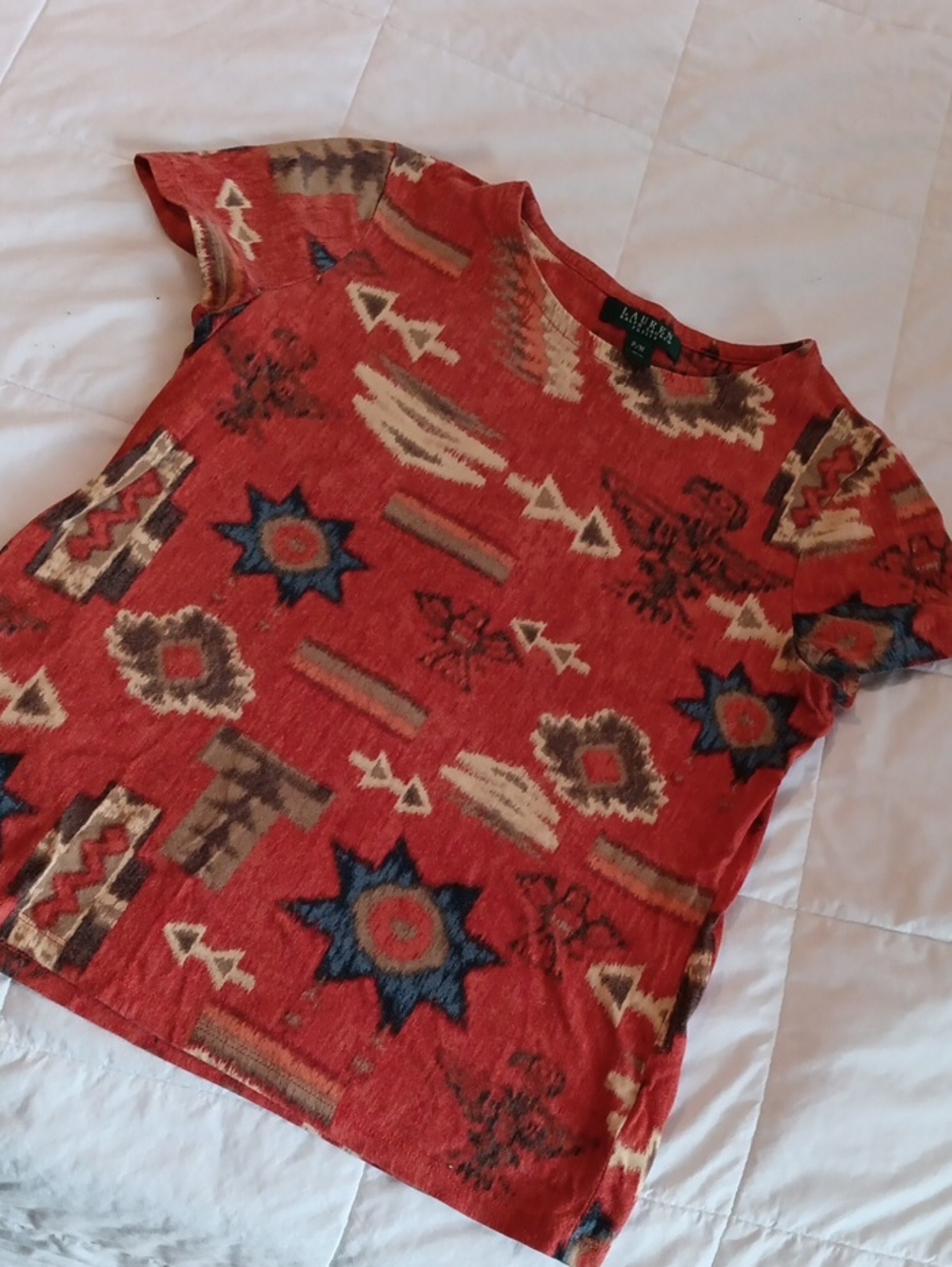 Lauren Ralph Lauren Rust Red Aztec-Print Short Sleeve Tee